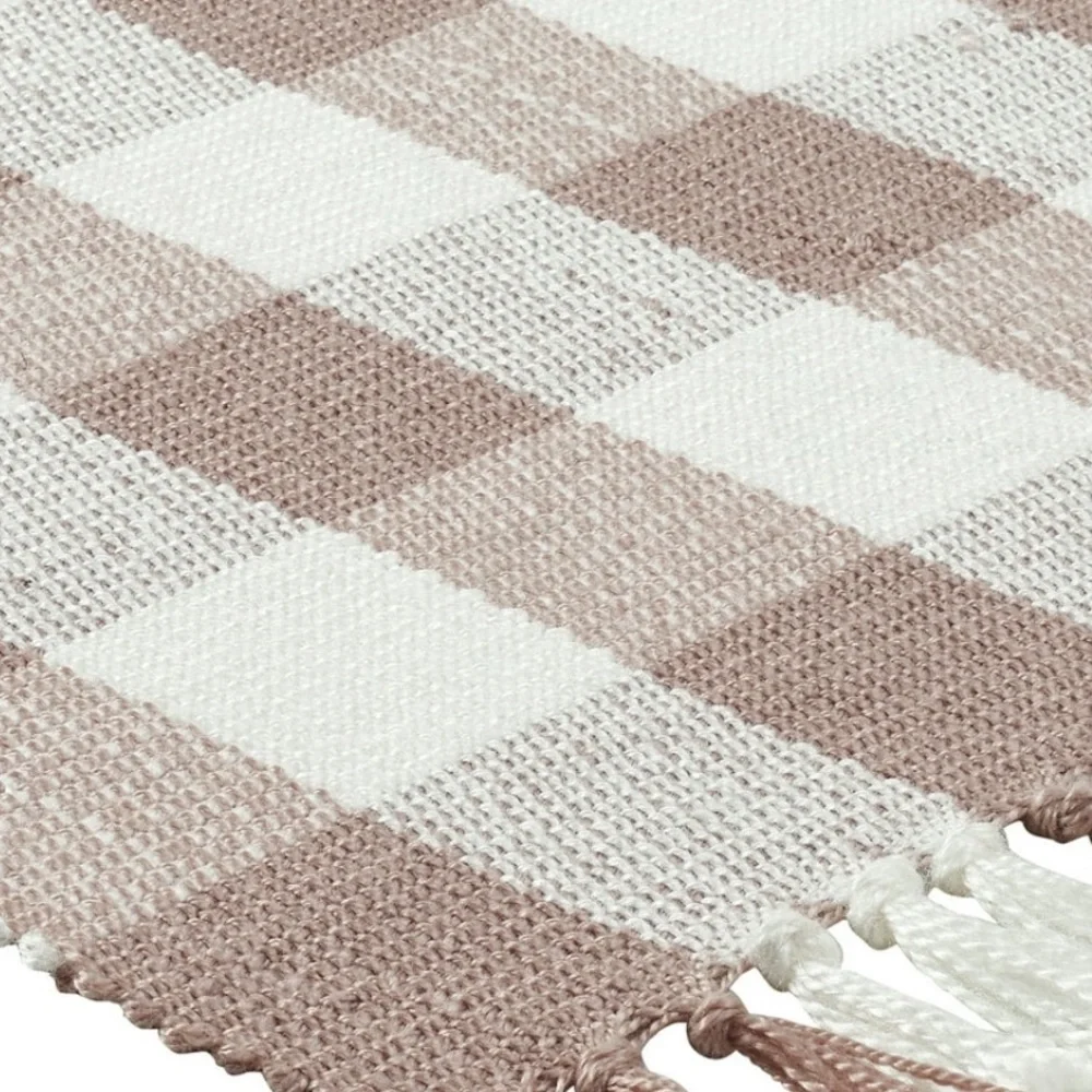 My Texas House Gingham Fringe Day Layering Rug, Pink and White, 24